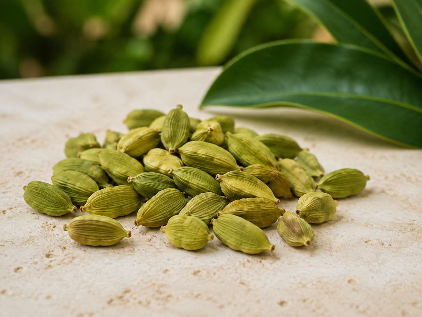 Green cardamom pods arranged on a natural cream surface