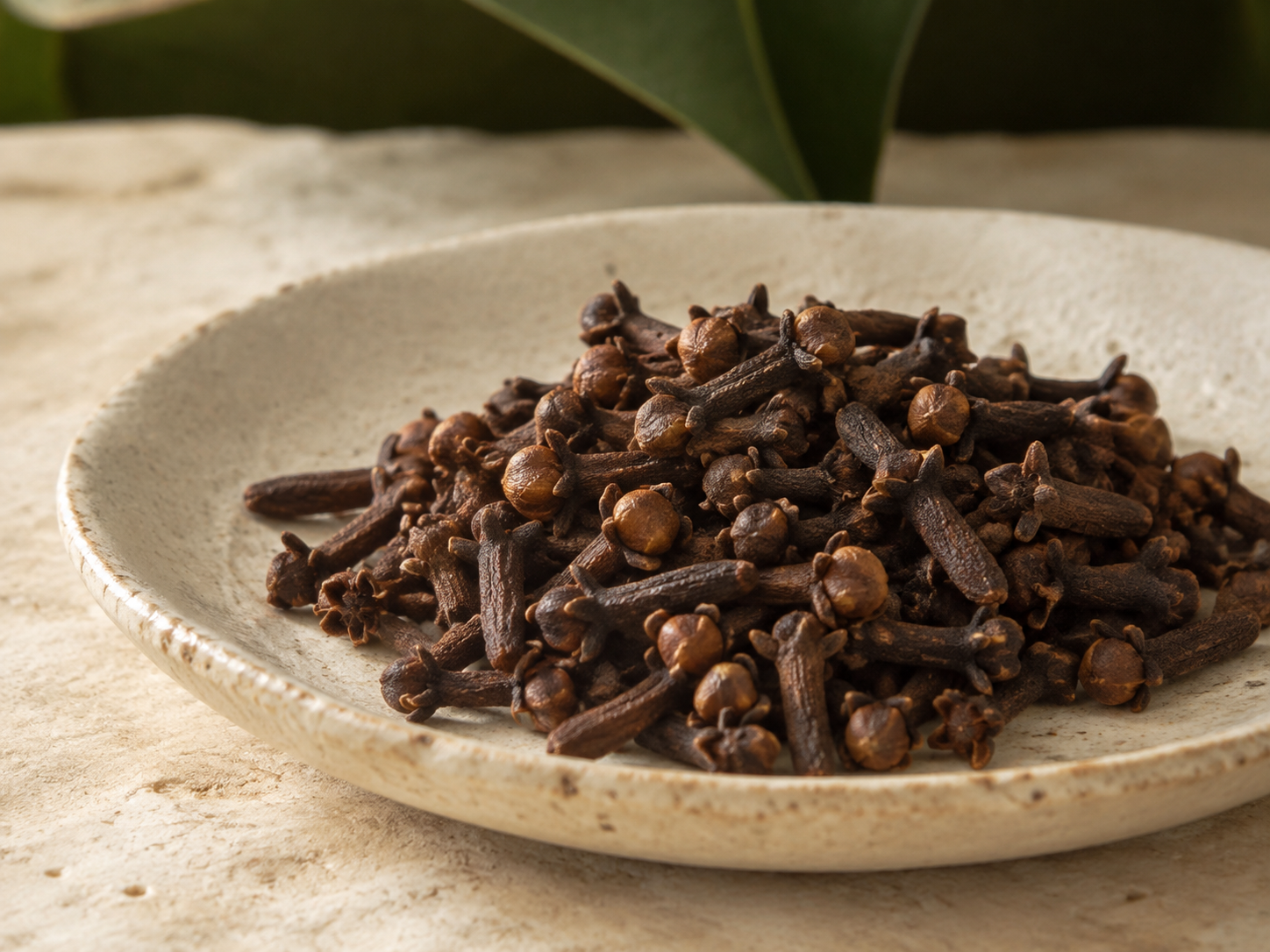 Whole dried cloves arranged on a natural cream surface