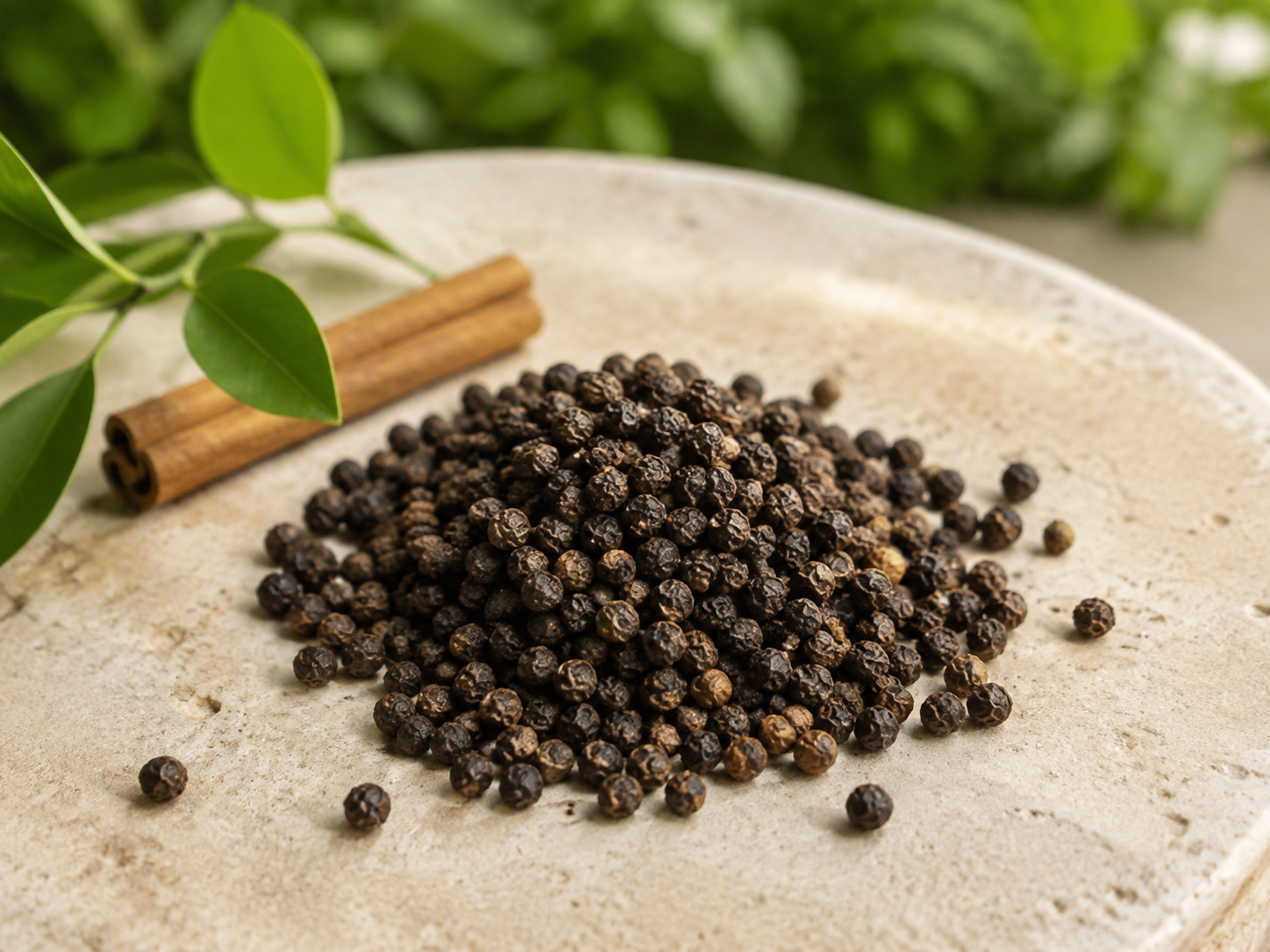Black peppercorns arranged on a natural cream surface